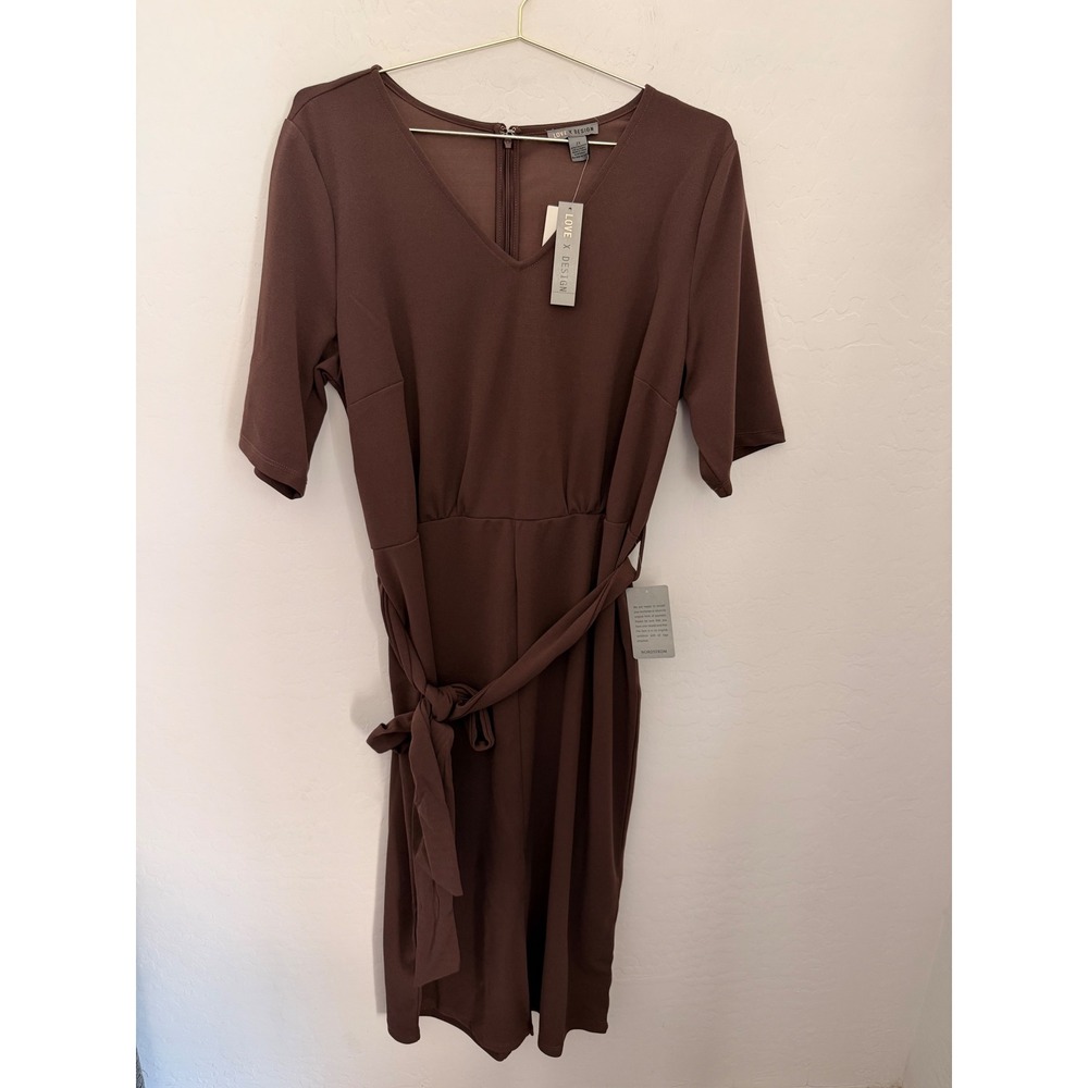 Love X Design Mia Dress Brown V-Neck Belted Midi Plus Sz 2X NWT Minimalist Work